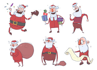 Santa Claus characters for Christmas cards. Happy Santa Claus bearing gifts in the bag and in the box, reading, dancing. Cute cartoon people. Vector Illustration Set.