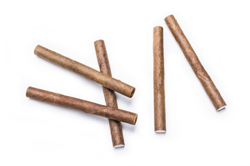 Macro Of A Mess Of Five Cigarillos Isolated On White Background