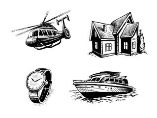 icon set for elite site. Helicopter, yacht, real estate, watches