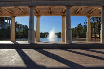 Fountain with monumental pillars in Valencia garden