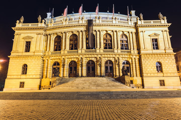 Fototapeta na wymiar Night view of The building of Rudolfiunum concert hall in Prague, Czech Republic