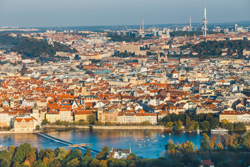 Fototapeta premium aerial view of old town in Prague, Czech republic, red tile roofs
