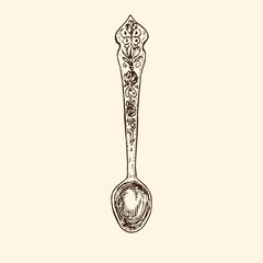 Teaspoon with ornament, hand drawn doodle, simple sketch in pop art style, vector black and white illustration