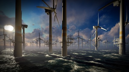 Dusk skies over windmill turbines farm 3d rendering
