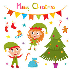 Set of cute little Christmas elf, vector illustration isolated on white