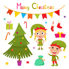Obraz na płótnie Canvas Set of cute little Christmas elf, vector illustration isolated on white
