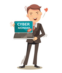 Cyber Monday. Happy businessman isolated. cartoon handsome man standing and Holding a notebook computer. Concept Online Business. vector illustration.