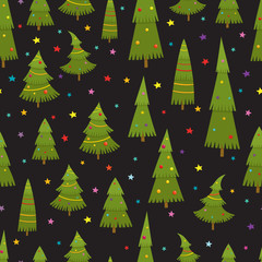 Obraz premium Seamless pattern with christmas tree in cartoon style, vector illustration on black background.