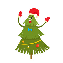 Christmas tree character with red hat and mittens in cartoon style, vector illustration.