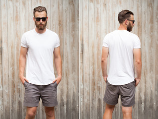 Front and back view of a hipster handsome male model with beard wearing white blank t-shirt with...