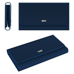 Темно-синий кожаный прямоугольный кошелек с магнитной застежкой, вид сверху, сбоку и общий вид, на белом фоне