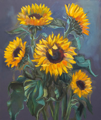 Sunflowers on dark gray background, original oil painting on canvas in impressionistic style.