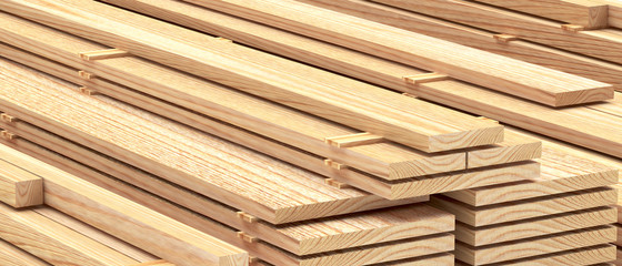 Wooden boards and planks in stacks as a background. 3D illustration