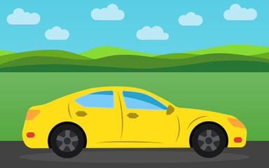 Fototapeta na wymiar Yellow sports car in the background of nature landscape in the daytime. Vector illustration. 