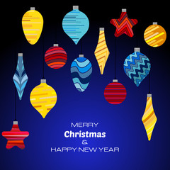 Merry Christmas and Happy New Year dark blue background with christmas balls. Vector background  for your greeting cards, invitations, festive posters. 
