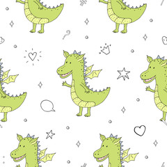 Cute hand drawn seamless pattern with funny dragons