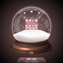 Snow globe on brown background. Merry Christmas and Happy New Year 2018. Realistic snow globe for Your business project. Vector Illustration