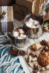 Metal cups with cacao and marshmallow and different cookies
