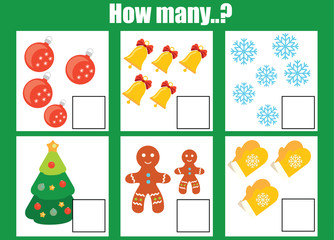 Fototapeta premium Counting educational children game, kids activity worksheet. How many objects task. christmas, winter holidays theme