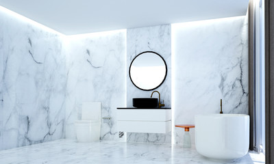 The luxury bathroom interiors design idea concept and marble texture wall