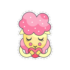 Lovely funny sheep with heart and closed eyes colorful cloth patch, applique for decoration kids clothing cartoon vector Illustration
