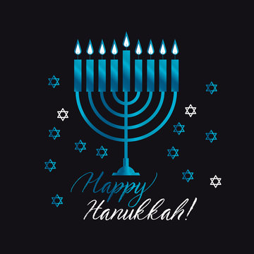 Jewish holiday Hanukkah with blue menorah (traditional Candelabra) vector illustration on black background