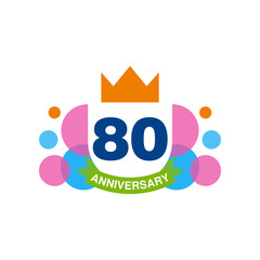 80th anniversary colored logo design, happy holiday festive celebration emblem with ribbon vector Illustration