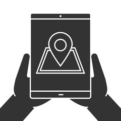 Hands holding tablet computer glyph icon