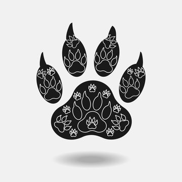 Black paw dog trail with pattern and shadow isolated on white background Vector. Textiles, background, packaging, printing, website