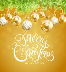 Merry Christmas and Happy New Year card with fir-tree border and christmas balls on white background. Handwriting  lettering. Vector illustration.