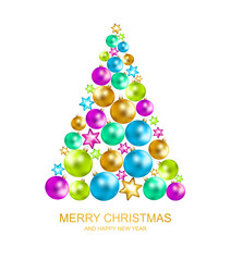 Merry Christmas and Happy New Year card with fir-tree christmas balls on white background. Vector illustration.