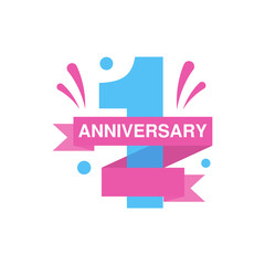 1st anniversary colored logo design, happy holiday festive celebration emblem with ribbon vector Illustration