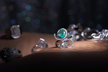 Gems, Jewelry, Daimond, Gold Silver, Ruby vavluable Rings presented put on Human Skin