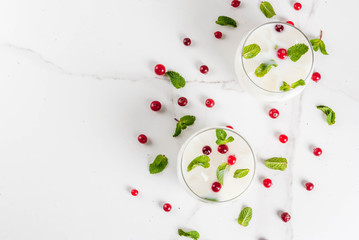Fall and winter refreshment drink, White Christmas Mojito cocktail with cranberry and mint, on white table, copy space  top view