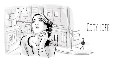 Young cute girl on the street of old city. Vector portrait illustration in sketch style.