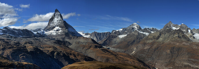 Amazing View of the panorama mountain range near the Matterhorn in the Swiss Alps