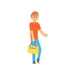 Man traveler with bag, hitchhiker guy trying to stop a car on a highway by hand, travelling by autostop cartoon vector Illustration