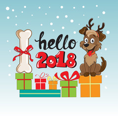 christmas card dog and lettering hello 2018