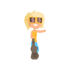 Cartoon female traveler hitchhiker with guitar, girl trying to stop a car on a highway by hand, travelling by autostop vector Illustration