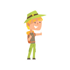 Cartoon male traveler hitchhiker with hat and backpack, man trying to stop a car on a highway by hand, travelling by autostop vector Illustration