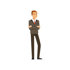 Successful businessman character in suit standing with crossed arms vector Illustration