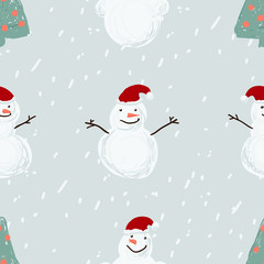 Seamless pattern with Santa, snowmen and Christmas trees