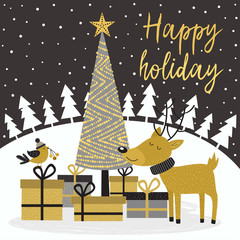 Merry Christmas gold card with deer and gifts - vector illustration, eps
