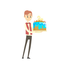 Male waiter holding festive cake with swan cartoon vector Illustration