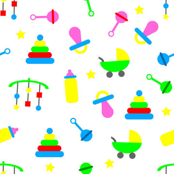 Seamless baby pattern with toys & objects in bright colors