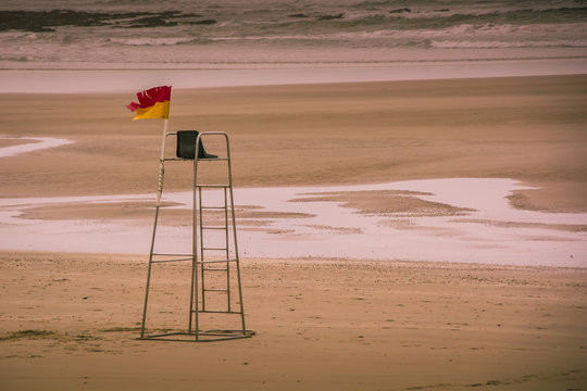 Solitary lifeguard's chair in position on a deserted beach, Eastern Cape, South Africa