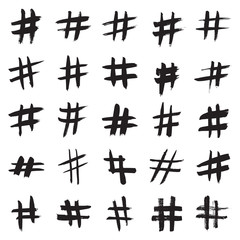 Hashtag signs. Number sign, hash, or pound sign. Collection of 25 black hand painted signs isolated on a white background. Vector illustration
