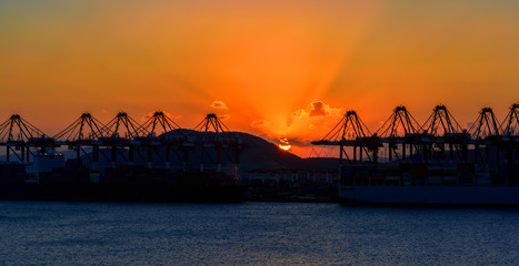Containers loading by crane with sunrise.