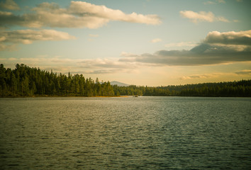 A beautiful autumn landscape at the coast of a lake in Femundsmarka National Park in Norway. Seasonal scenery in fall.