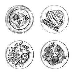 different dishes on plates set of vector sketches. isolated illustration. hand drawing on white background